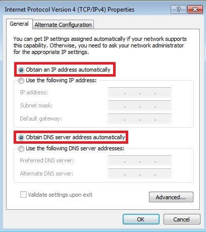 Options menu of the internet protocol (TCP/IPv4) on Windows 7