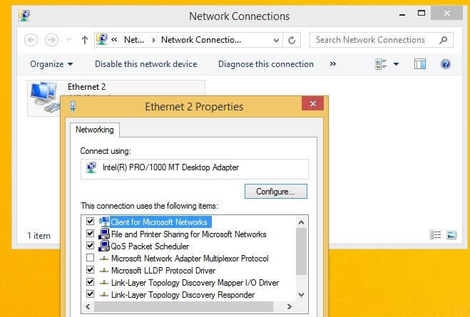 Windows 8 properties window for the chosen network connection
