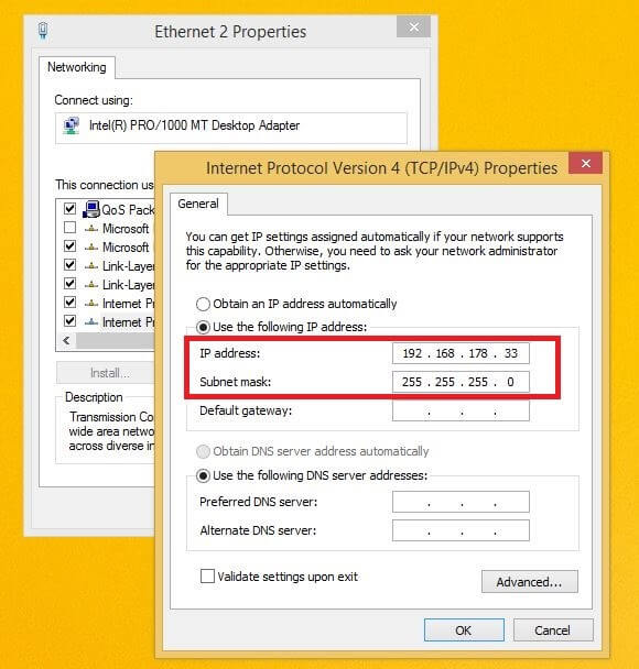 Windows 8 menu for the internet protocol IPv4 – manual address assignment