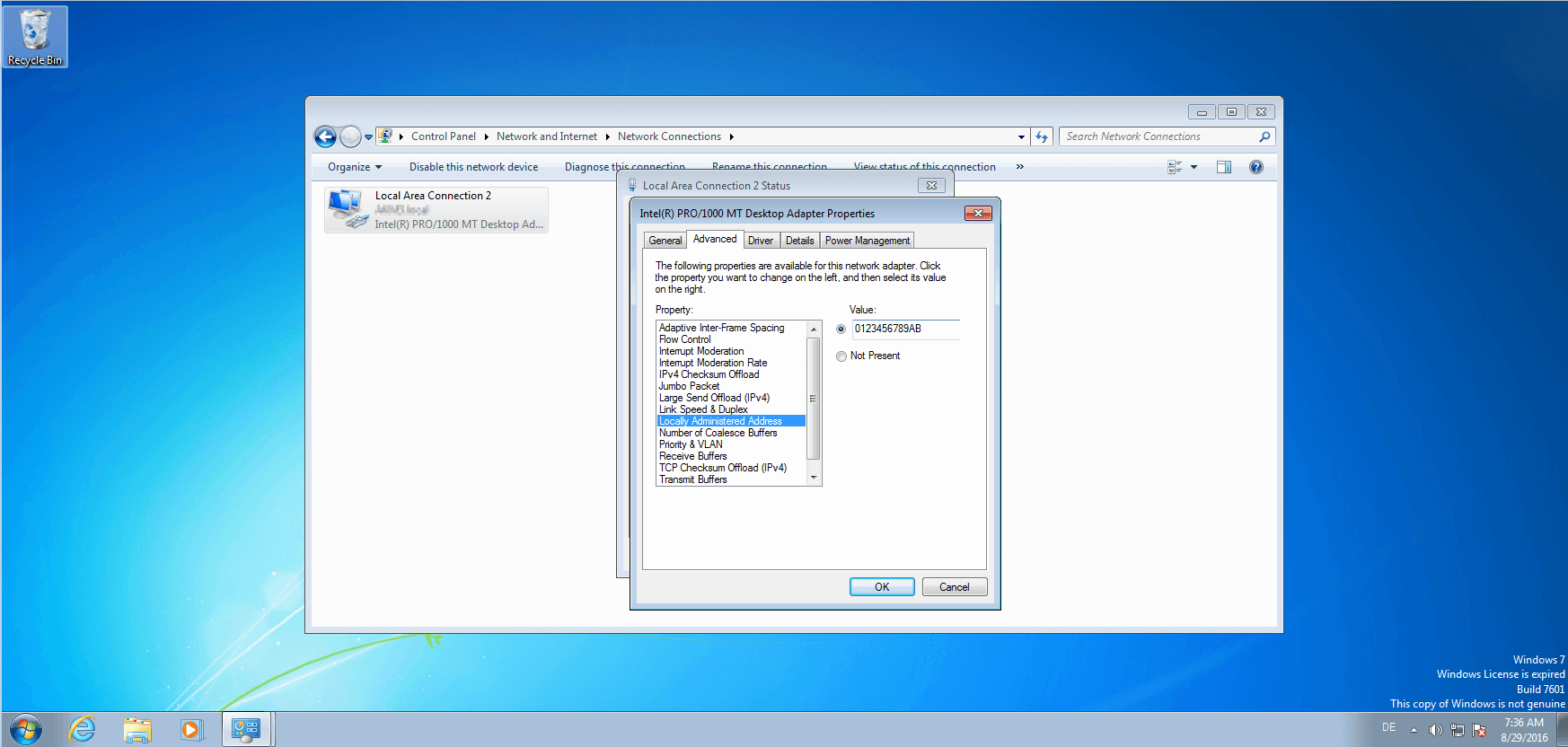 Locally Administered Address (LAA) in the adapter settings