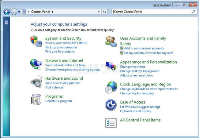 Control panel on Windows 7