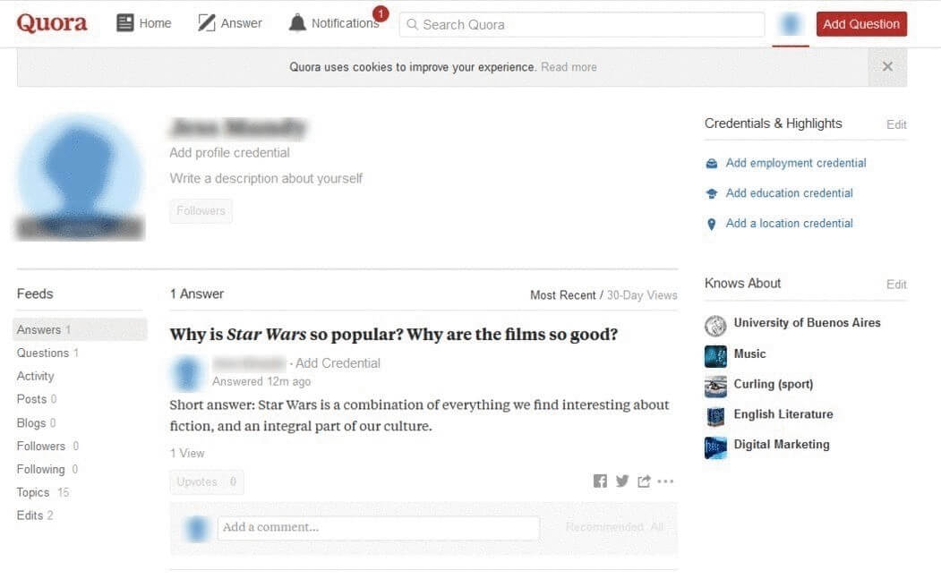 Personal profile page on Quora
