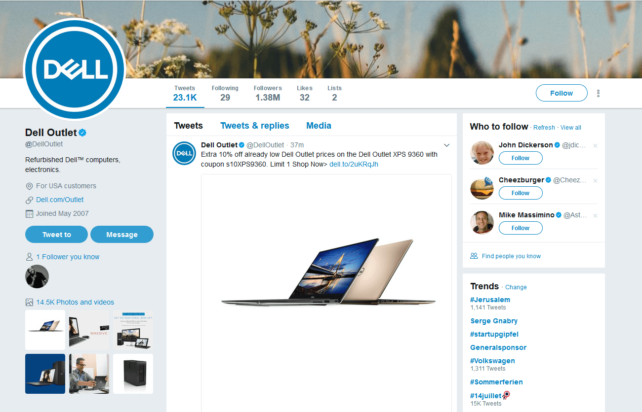Screenshot of the @DellOutlet Twitter account, a sub-section of DELL’s social media presence