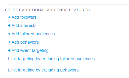 Screenshot of the selection of additional audience features for the setting up of a Twitter Ads campaign