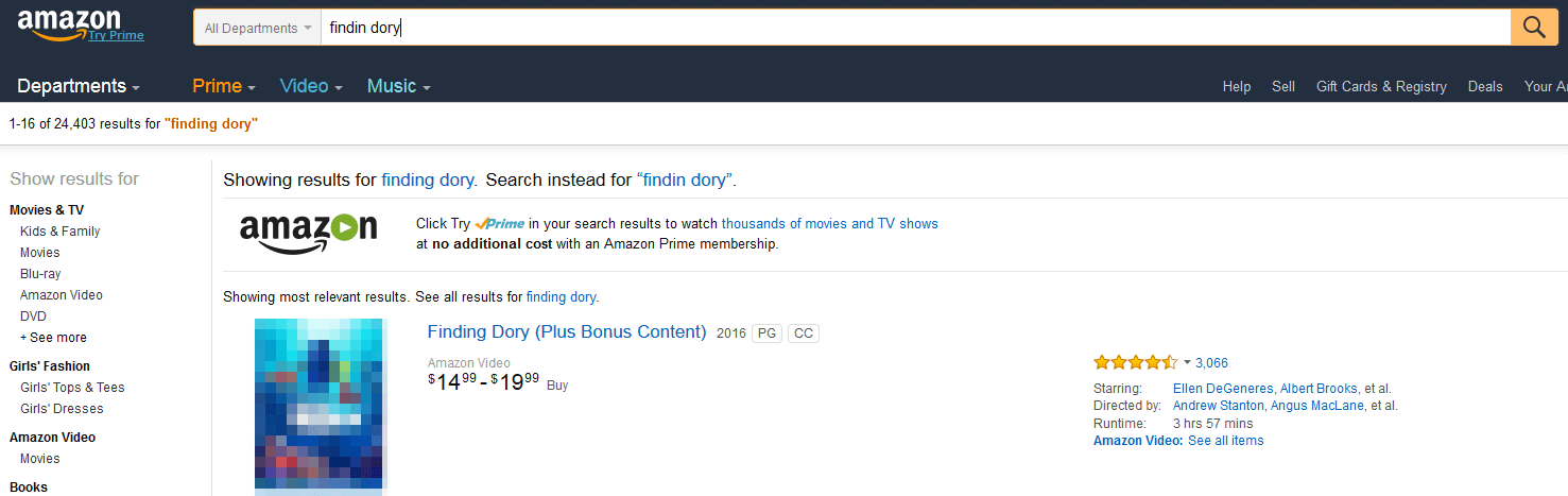Screenshot of Amazon with an example of a search made