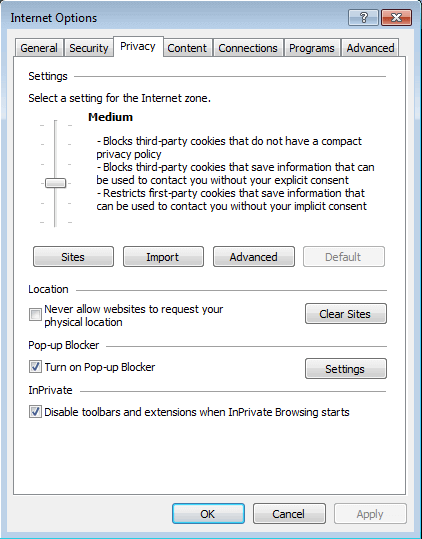 Default menu for Internet Explorer cookie settings