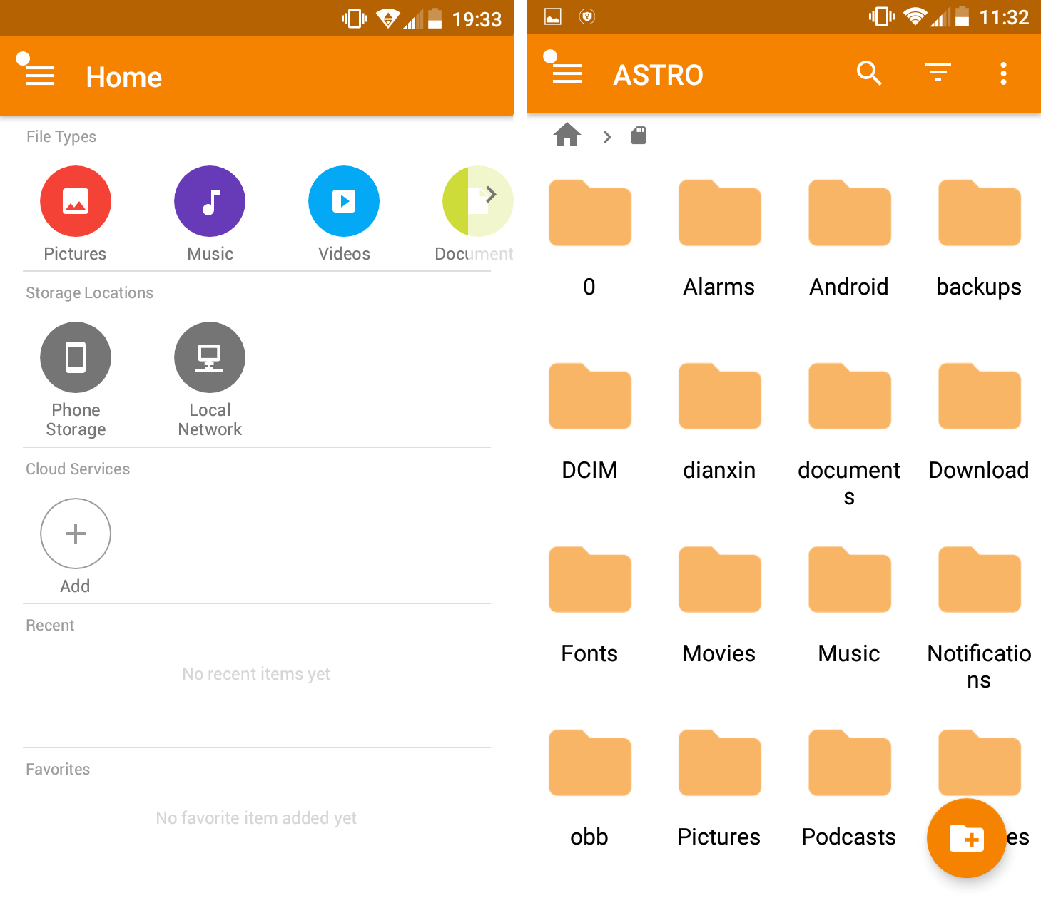 Homepage and storage overview of ASTRO File Manager for Android