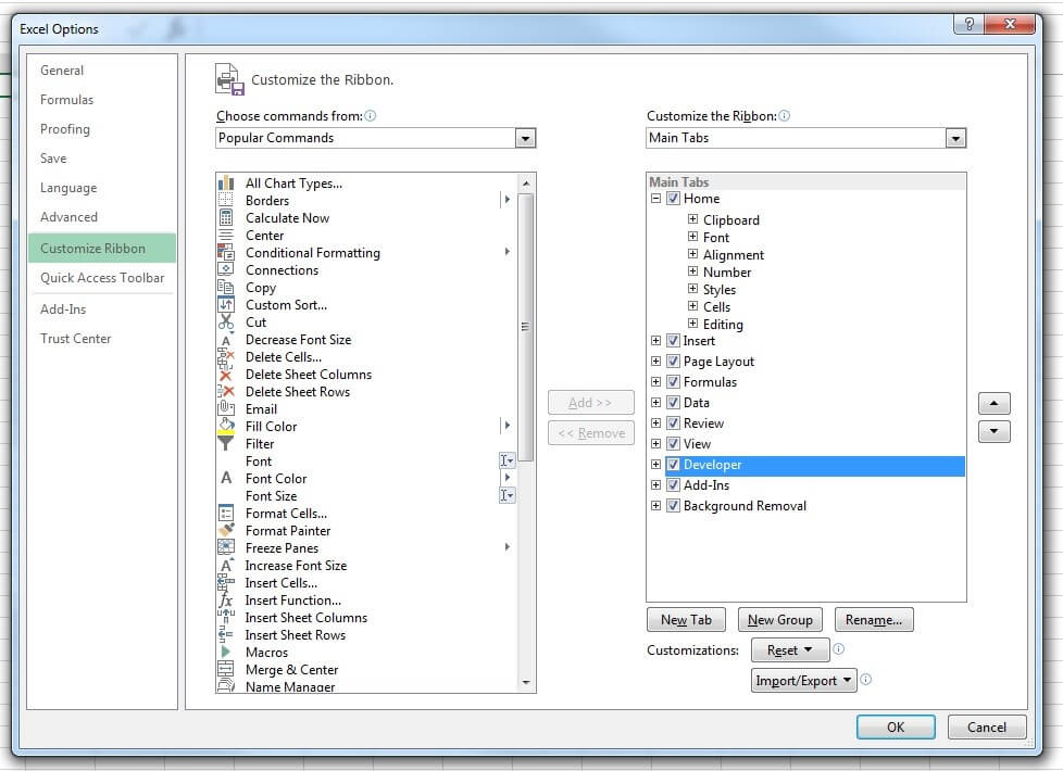 Excel options menu: Customize ribbon