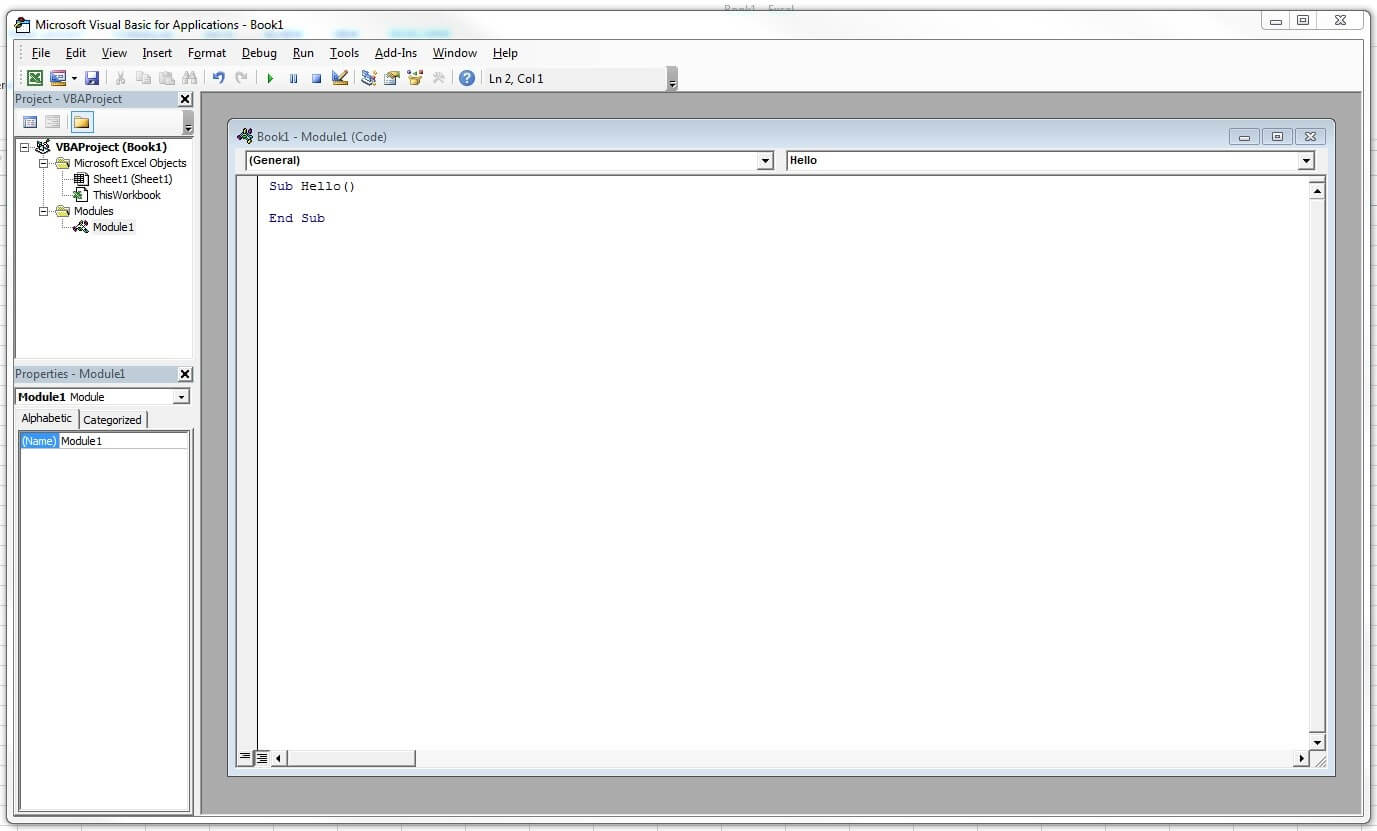 Interface of the VBA editor with the code of the “Hello” macro