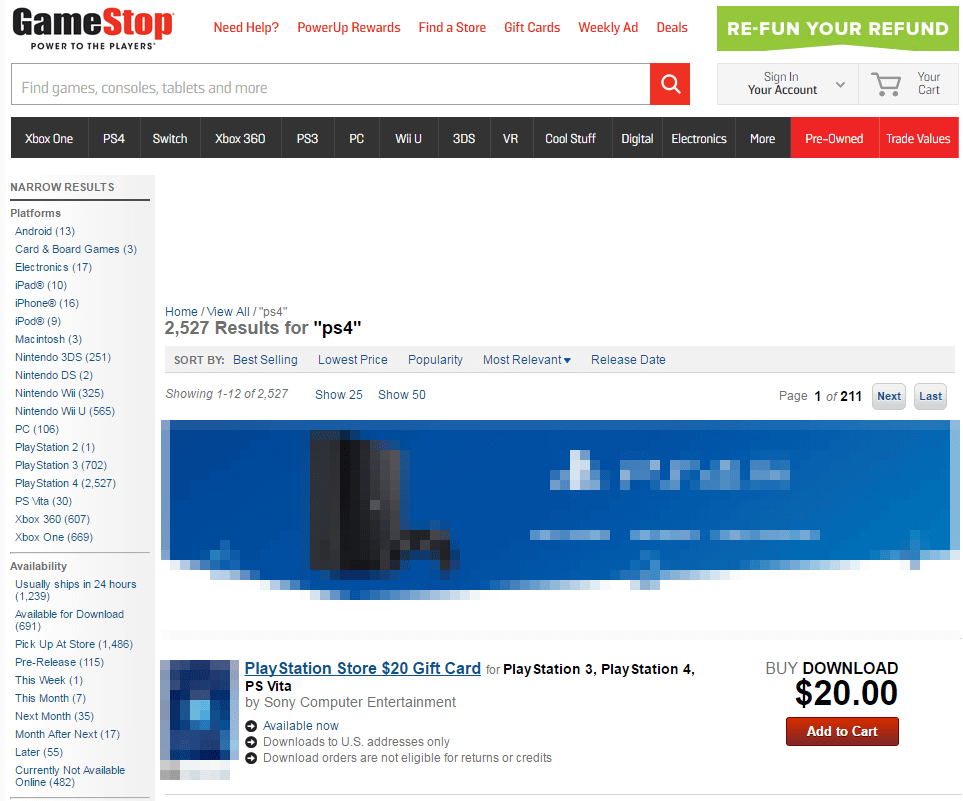 Search for the keyword ‘ps4‘ in the Gamestop online store