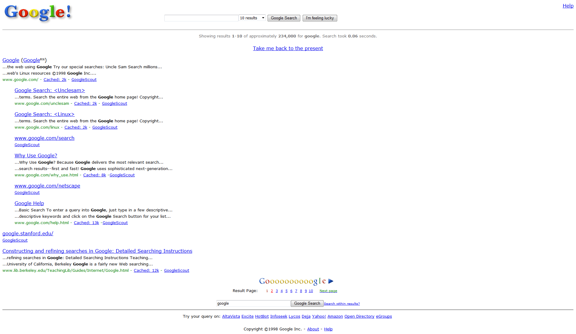 Google search from 1998