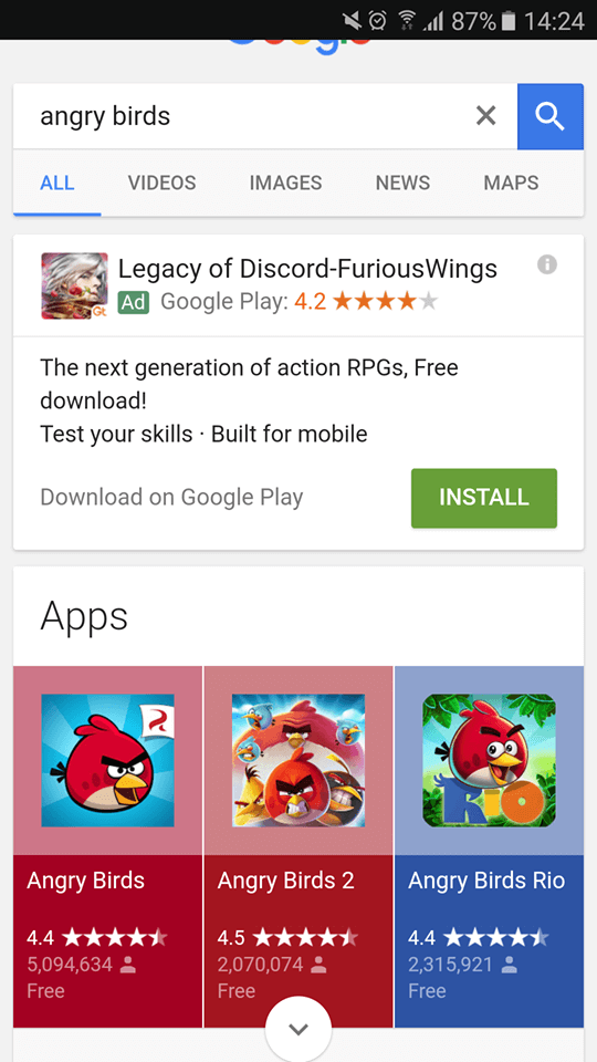 Angry Birds apps in the Google SERPs