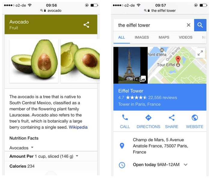 The Knowledge Graph display for an avocado and the Eiffel Tower