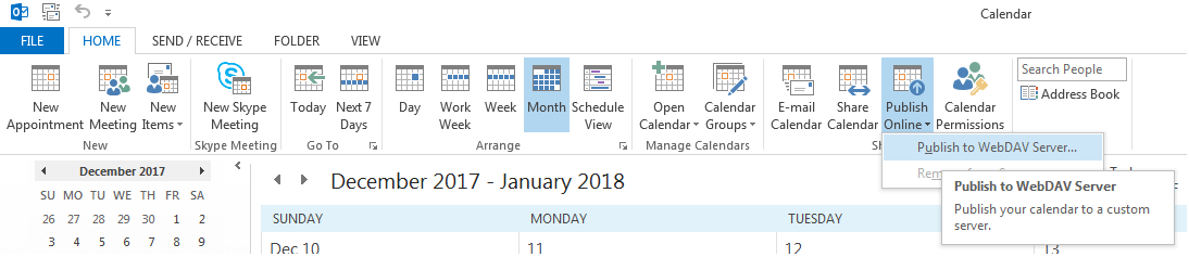 Outlook: Calendar view toolbar in the “Start” tab.