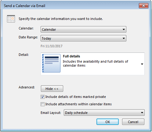 Outlook: Advanced options in the “Send Calendar via Email” dialog box.