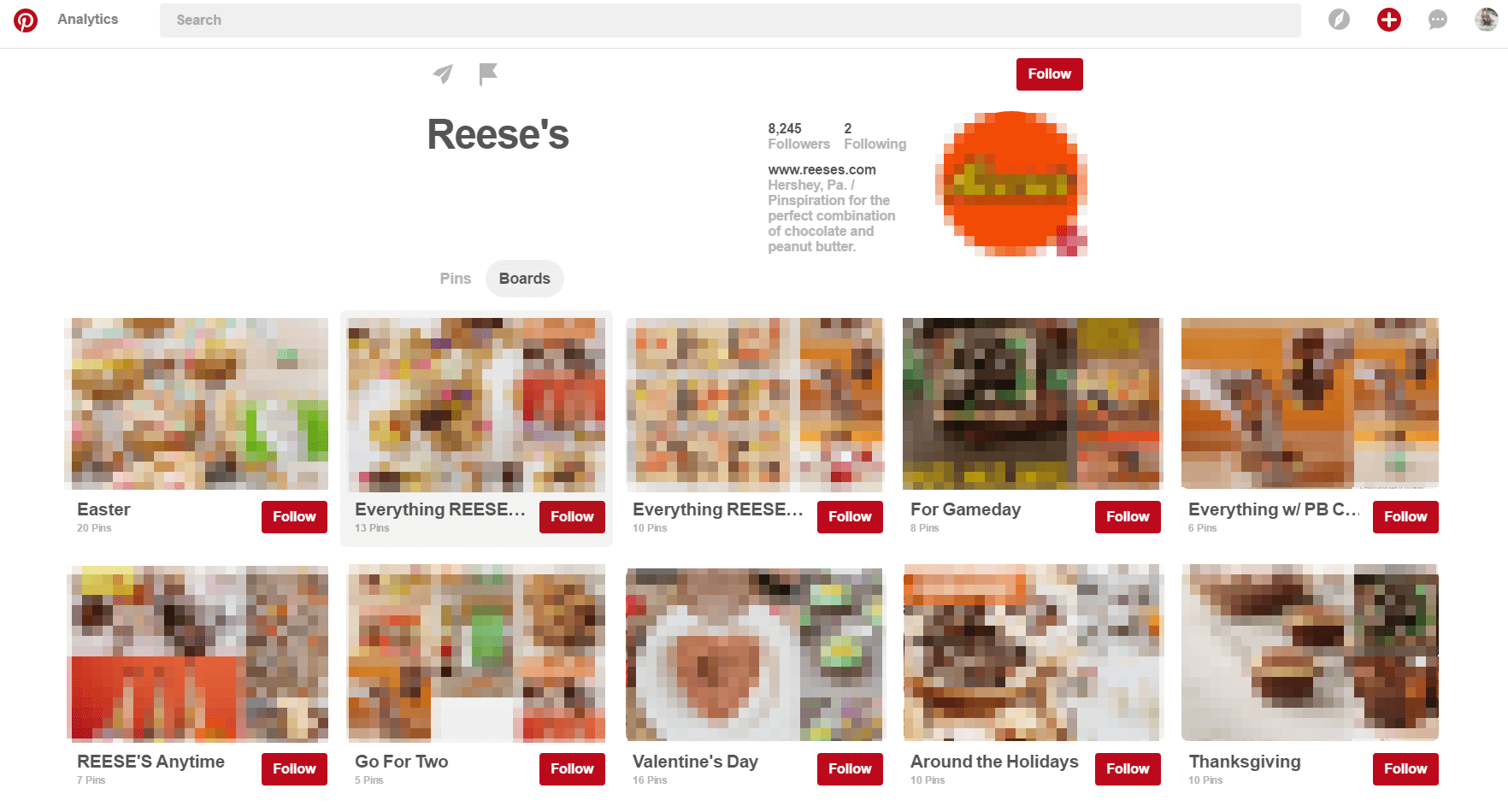 Pinterest profile of Reese’s chocolate