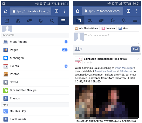 Example of off-canvas navigation, Facebook