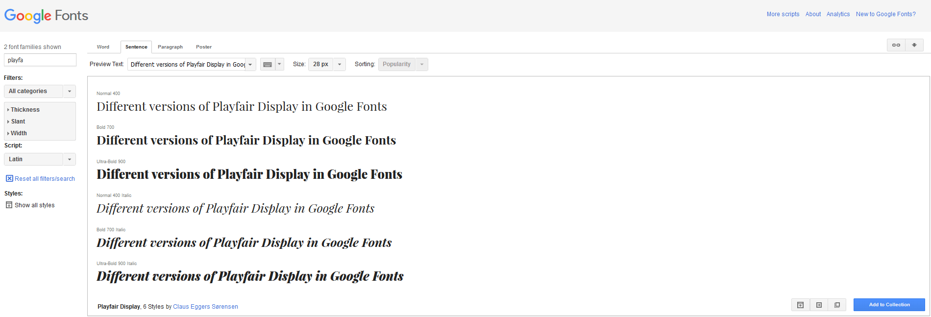 Different versions of Playfair Display in Google Fonts