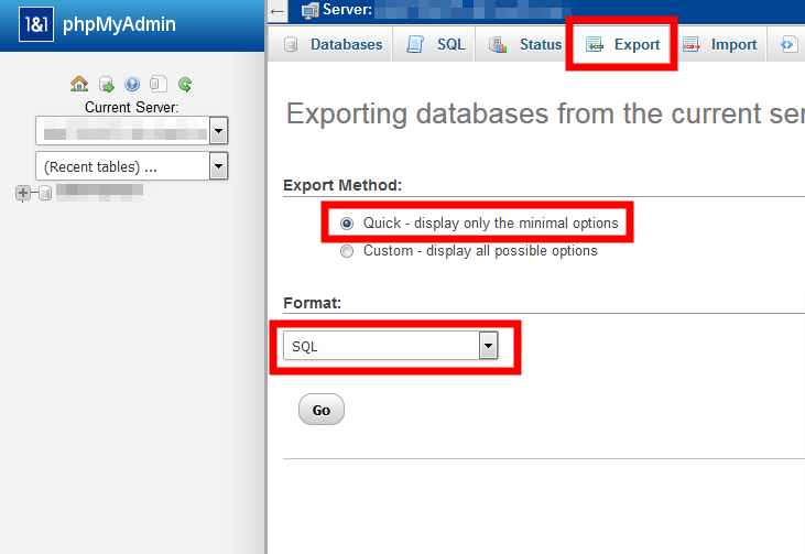 View of the export feature in phpMyAdmin