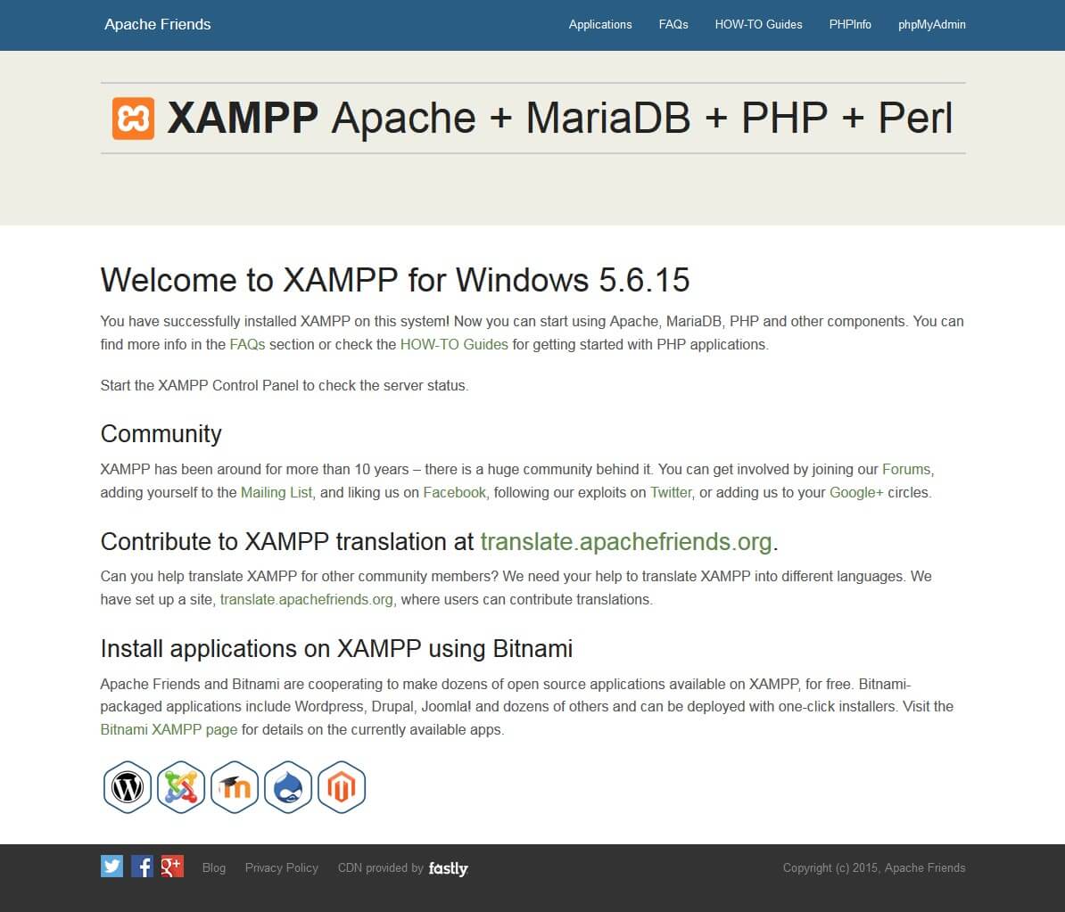 Dashboard of the XAMPP local host