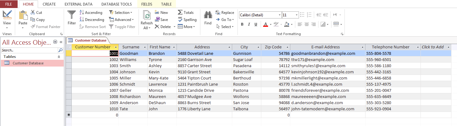 Example of a customer database in Microsoft Access