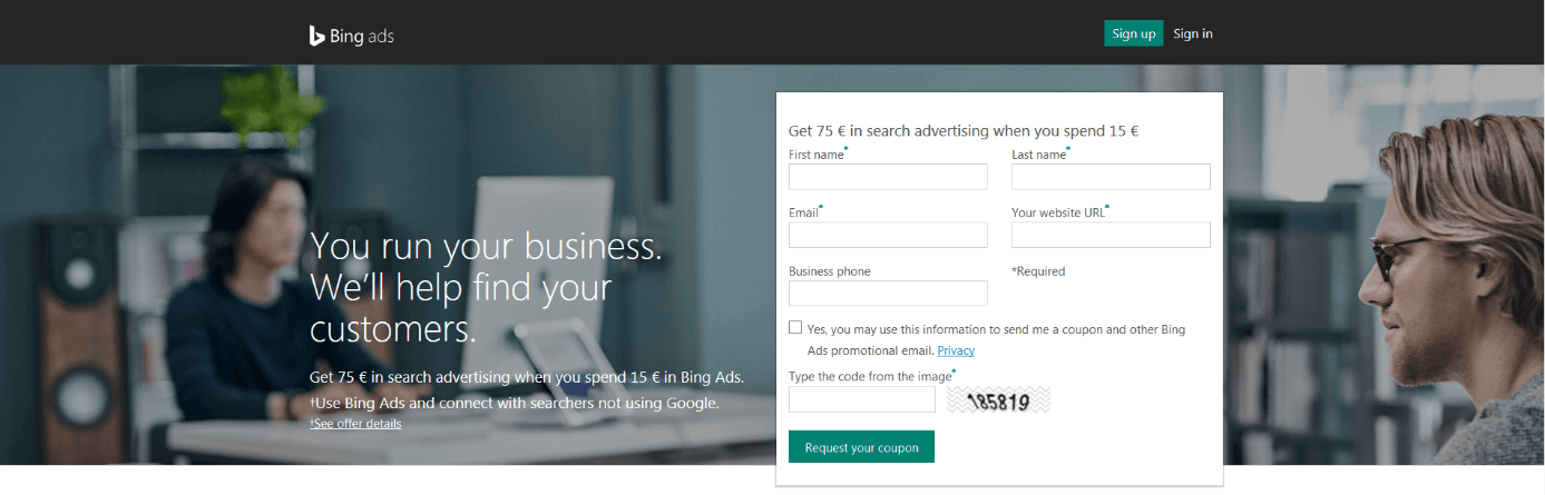 Registration window for a Bing ads account
