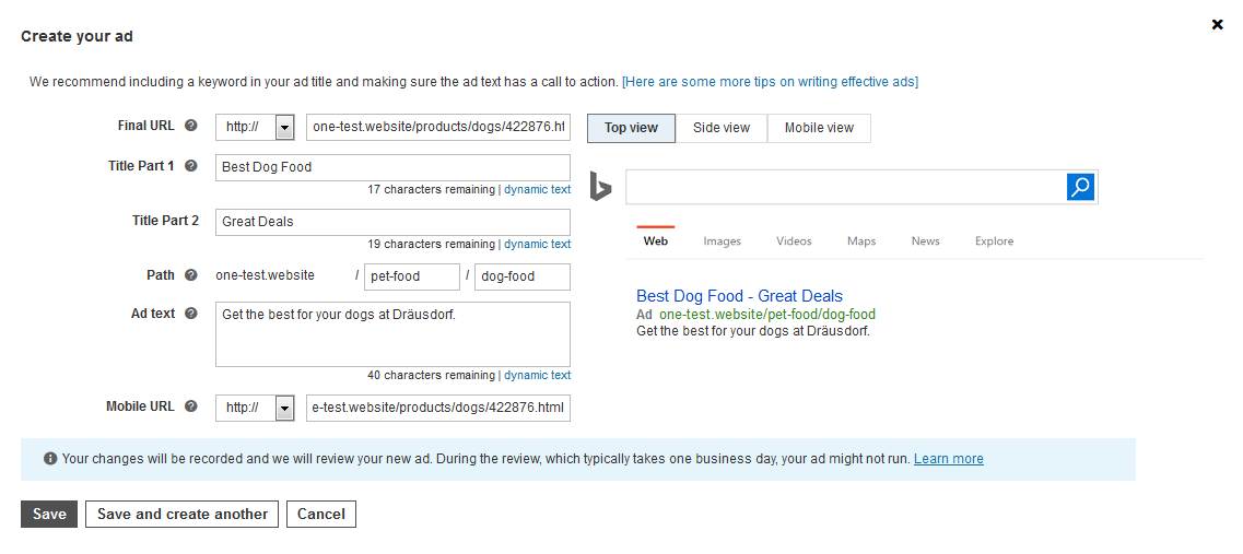 Input mask to create an ad on Bing ads