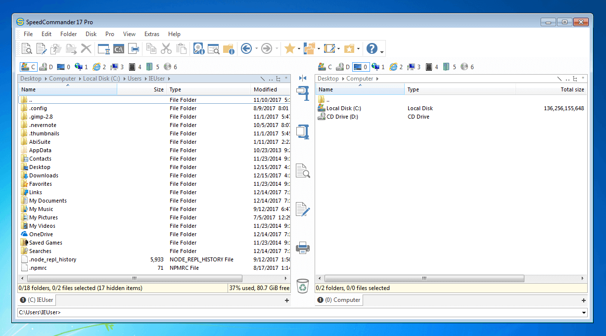 The user interface of the Windows file manager SpeedCommander