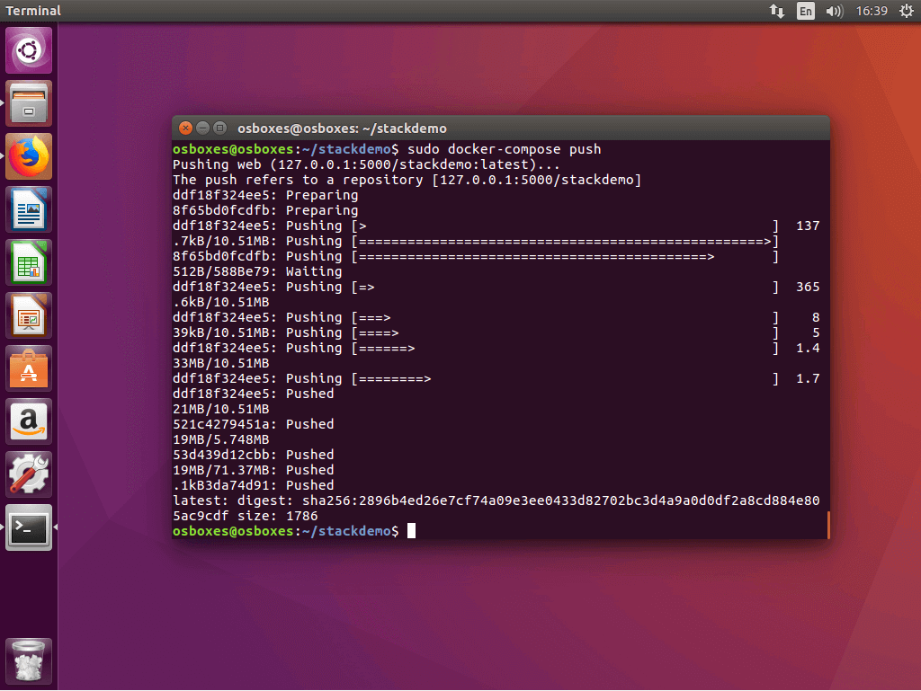 The command “docker-compose push” in the Ubuntu terminal