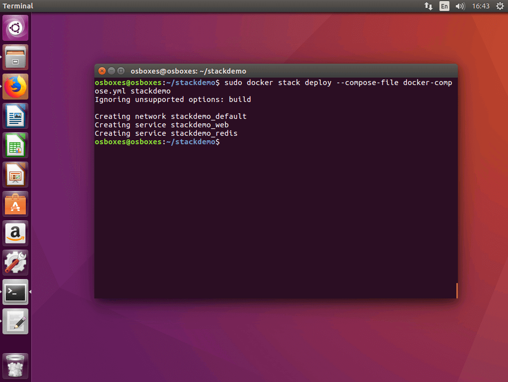 The command “docker stack deploy” in the Ubuntu terminal
