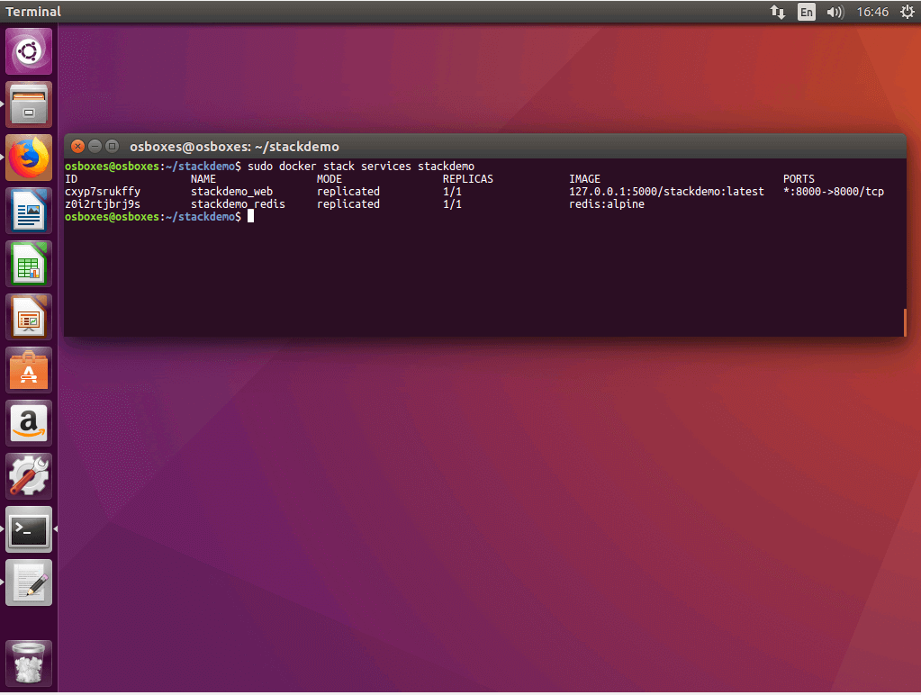 The command “docker stack services” in the Ubuntu terminal