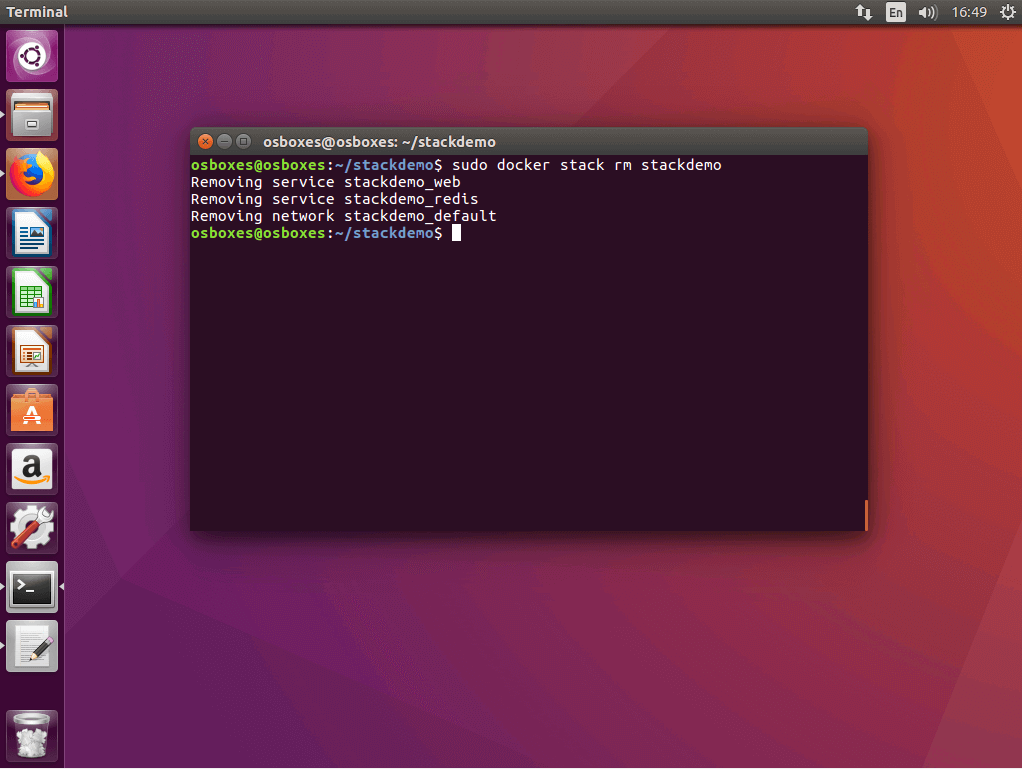 The command “docker stack rm” in the Ubuntu terminal