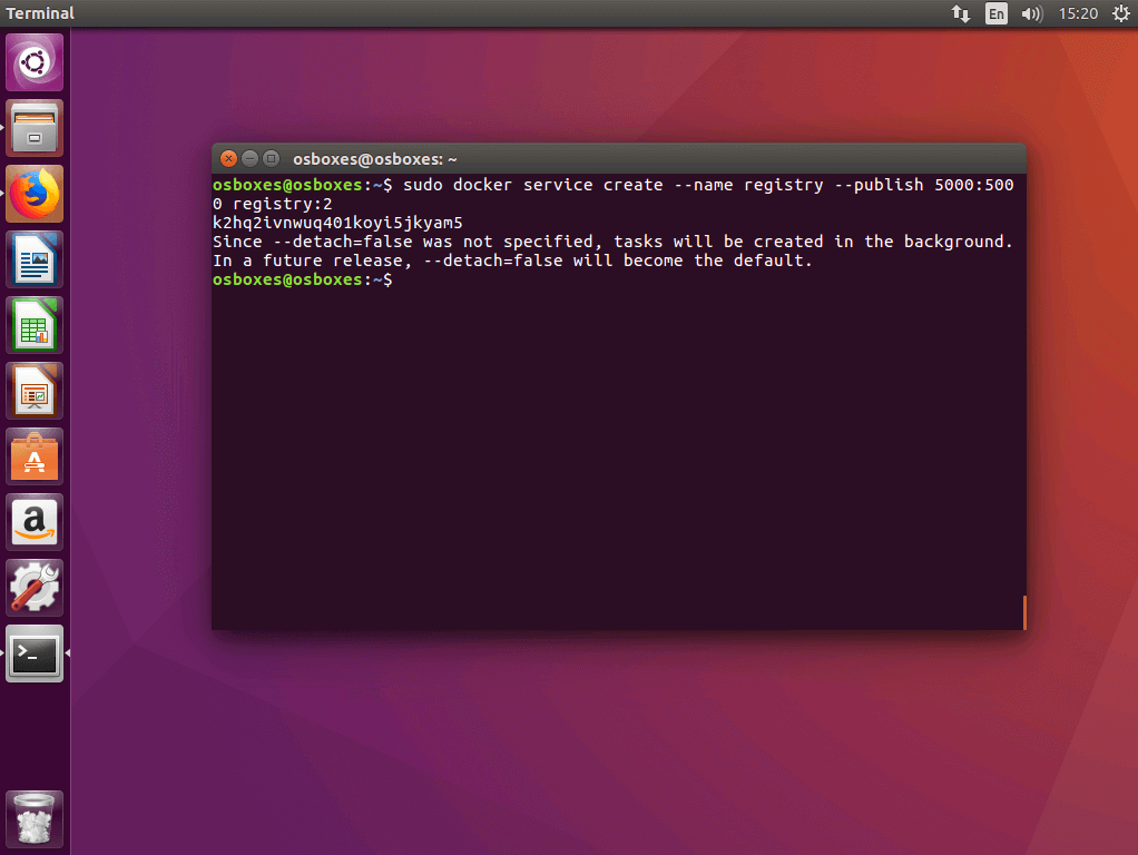 The command “docker service create” in the Ubuntu terminal