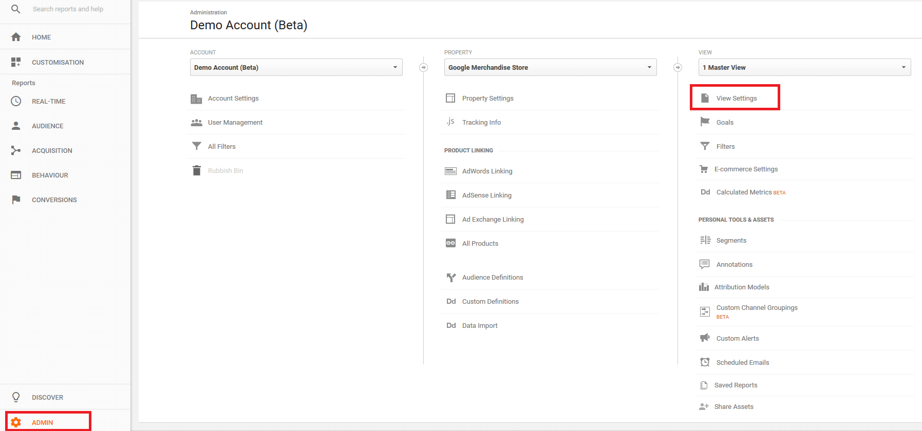 Google Analytics Demo Account: Admin