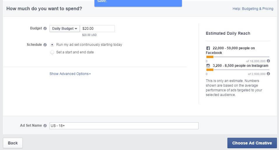Budget and schedule for Facebook ads