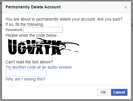 Password and code entry fields for permanently deleting a Facebook account