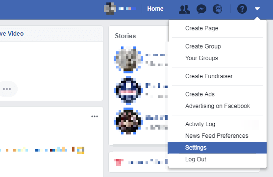 Settings navigation from the Facebook homepage