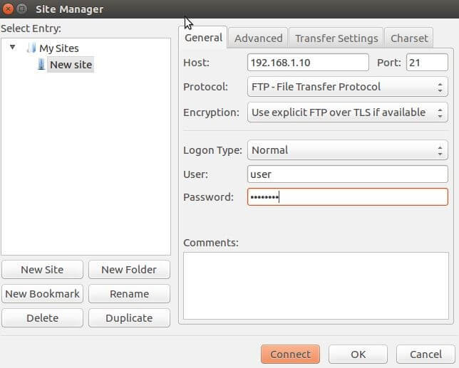 FileZilla site manager: Client settings menu
