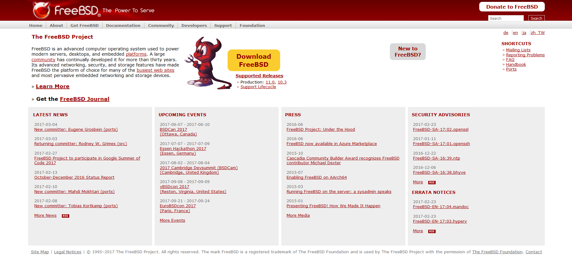 The homepage of the open source project, FreeBSD