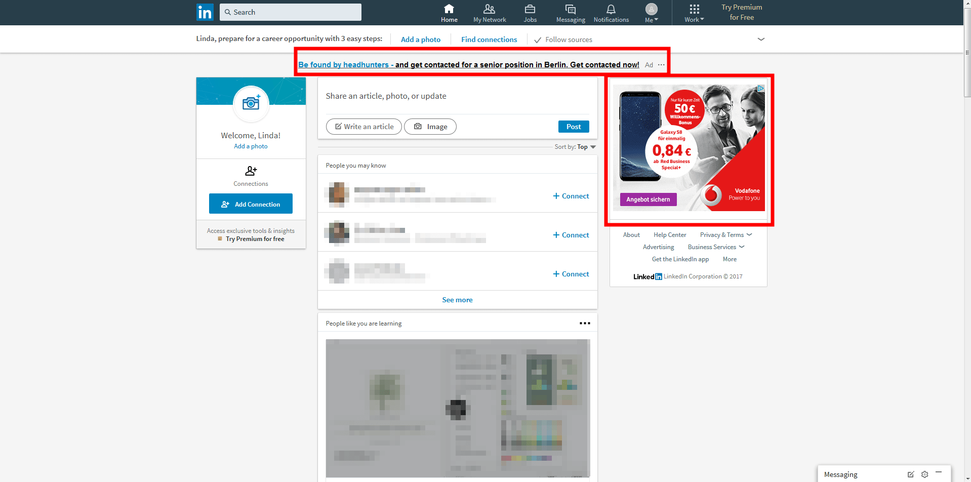 LinkedIn news feed with various advertisements