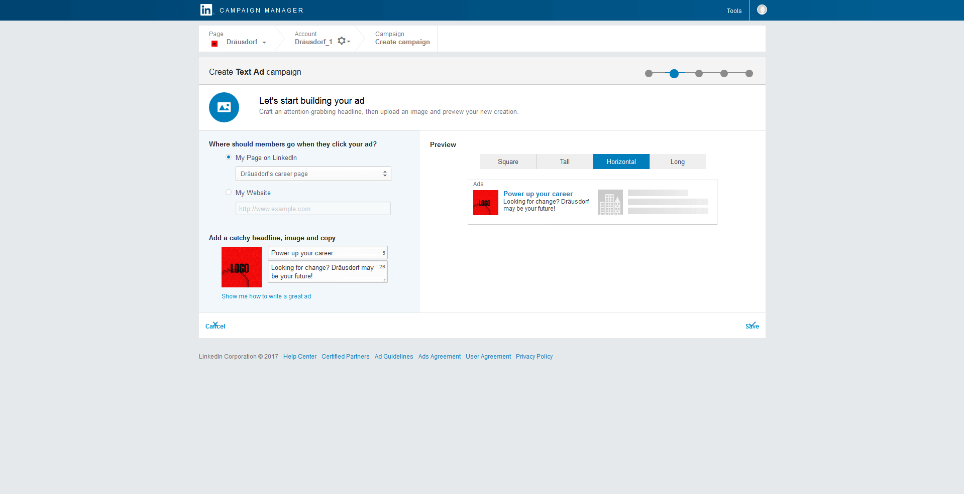 Entry screen for a text ad on LinkedIn