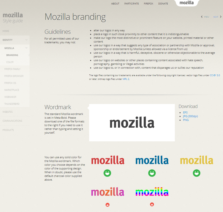 Screenshot of the Mozilla Style guide with a guideline on branding and font choice