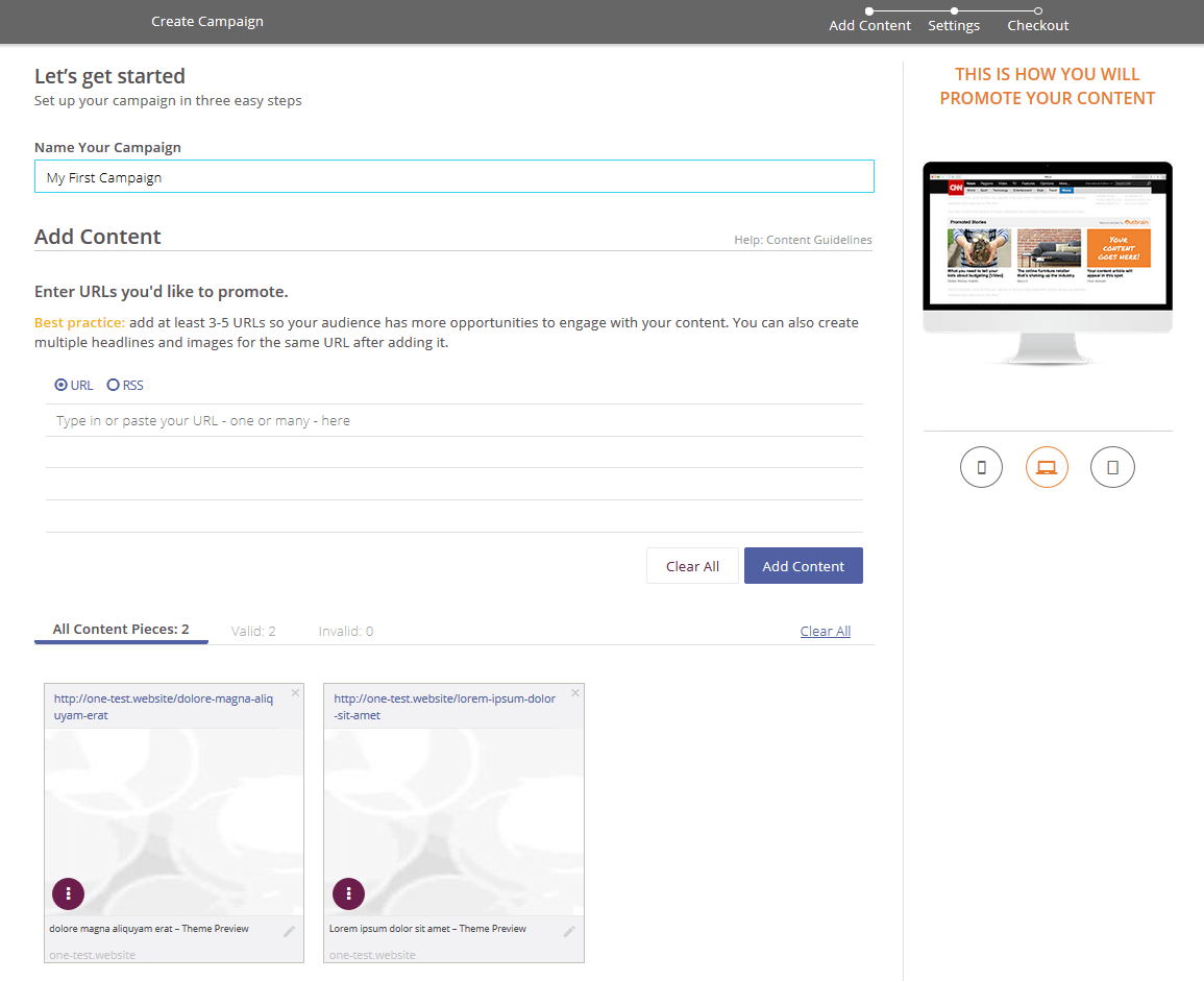 The first step in the creation of a campaign on Outbrain