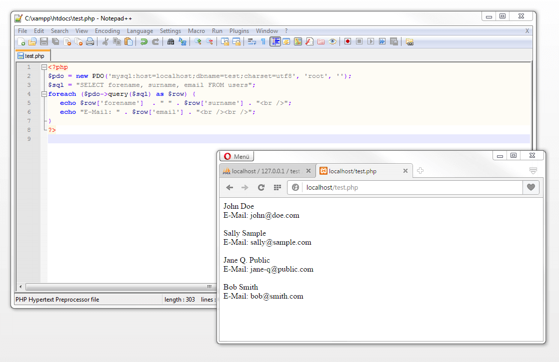 在记事本++中带有SQL语句SELECT的PHP脚本，并通过本地主机输出浏览器