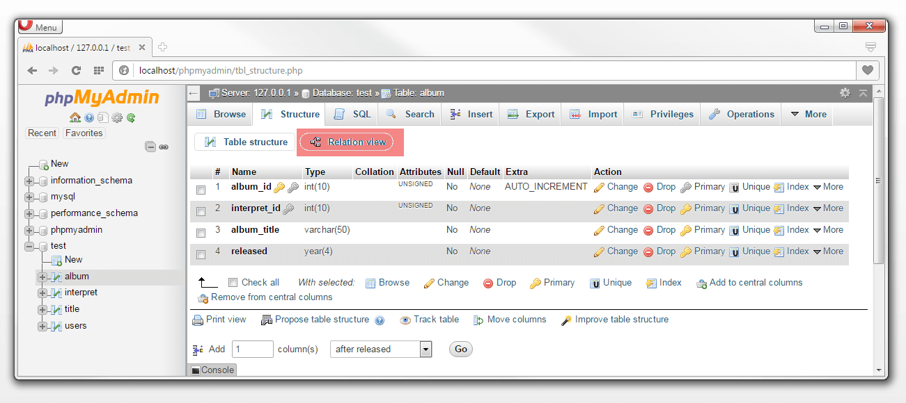 phpMyAdmin: ‘Structure’ tab – ‘Relation view‘ option