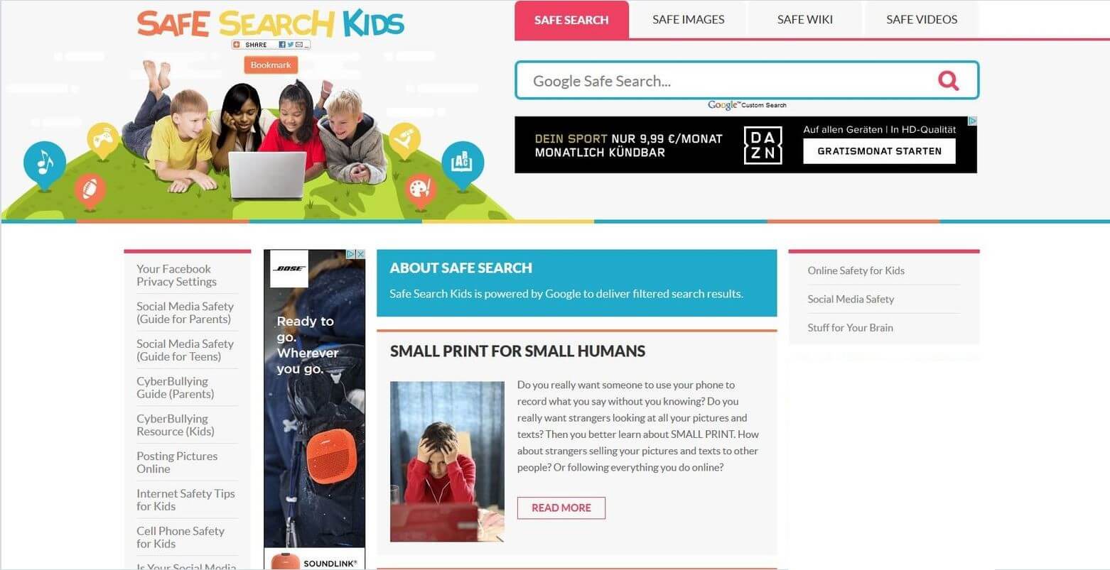 Homepage of the child-friendly search engine Safe Search Kids