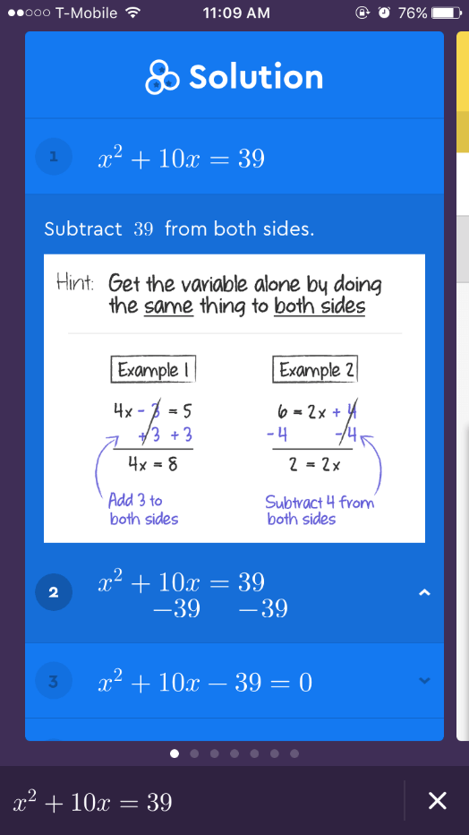 Screenshot of a math equation solved using the Socratic app