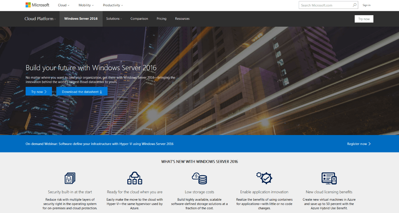 The product page of Microsoft Windows Server 2016