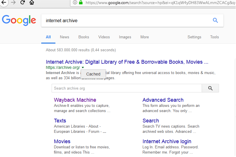 Google search result for “internet archive” with the URL archive.org