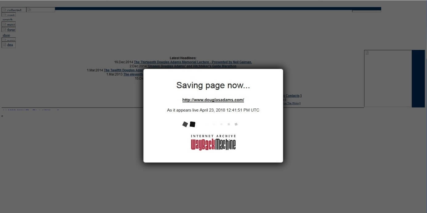 Wayback-Machine-Pop-up with text "Saving page now...", URL and timestamp